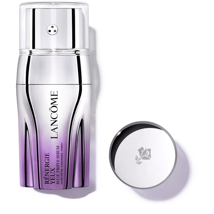 Lancôme Rénergie Yeux H.C.F. Triple Serum 20ml øyeserum som gir løft i lilla og sølv metallflaske med praktisk pumpe.