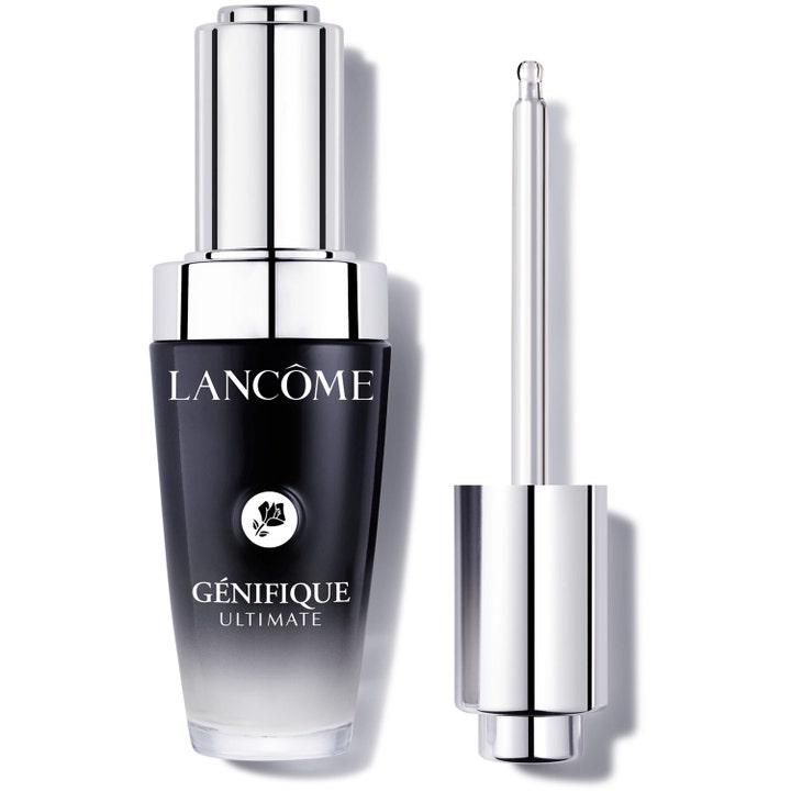 Lancôme Génifique Ultimate ansiktsserum som reparerer huden i sort glassflaske med sølvdetaljer og pipette