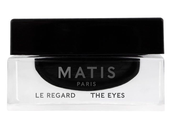 Matis Le Regard The Eyes 15ml pleiende øyekrem i en firkantet glasskrukke med svart lokk og stilren hvit tekst.