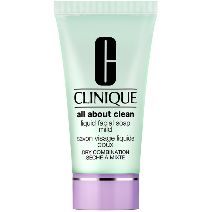 Clinique All About Clean Liquid Facial Soap Mild ansiktsrens for tørr kombinasjonshud i lysegrønn tube med lilla kork