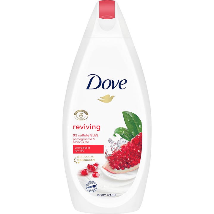 Dove Reviving Body Wash opplivende dusjsåpe i hvit plastflaske med bilde av friskt granateple og grønne blader