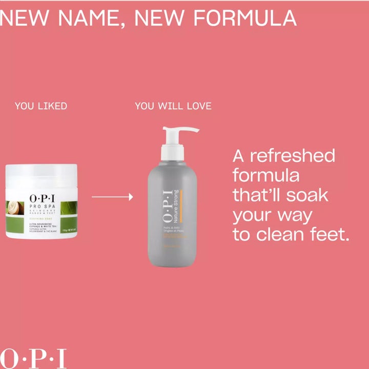 OPI Nature Strong Soften Up Pedi Soak 250 ml fotbad som viser ny grå pumpeflaske og oppdatert formel