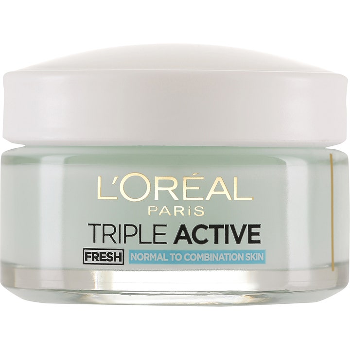 L'Oréal Paris Triple Active Fresh 50 ml fuktighetskrem i glasskrukke med hvit kork og lysegrønn gelékonsistens.