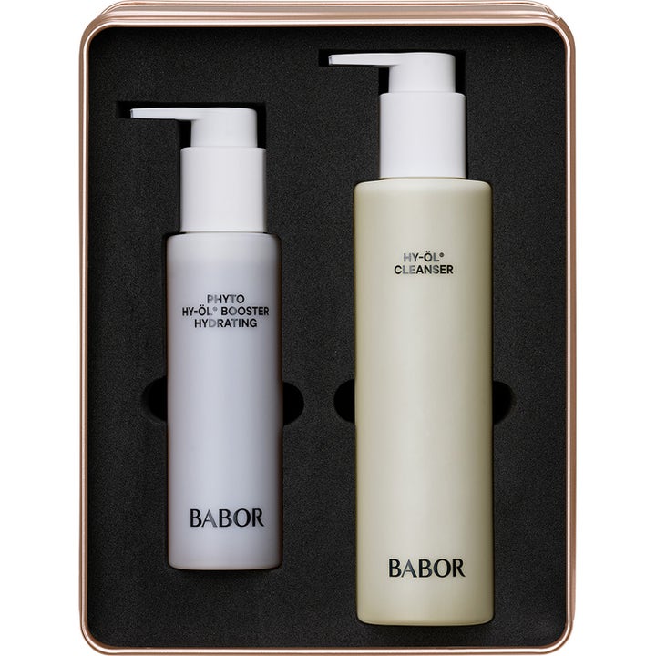 Babor HY-ÖL Cleanser og Phyto Booster Hydrating fuktighetsgivende rensesett i hvite pumpeflasker og rosegullboks