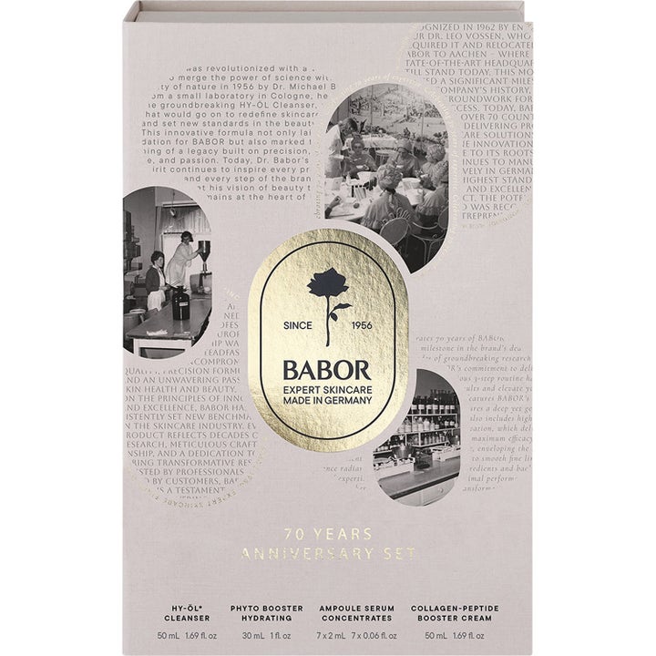 Babor 70 Anniversary Set 144 ml hudpleiesett i beige eske med gullrose og historiske bilder som gir glød