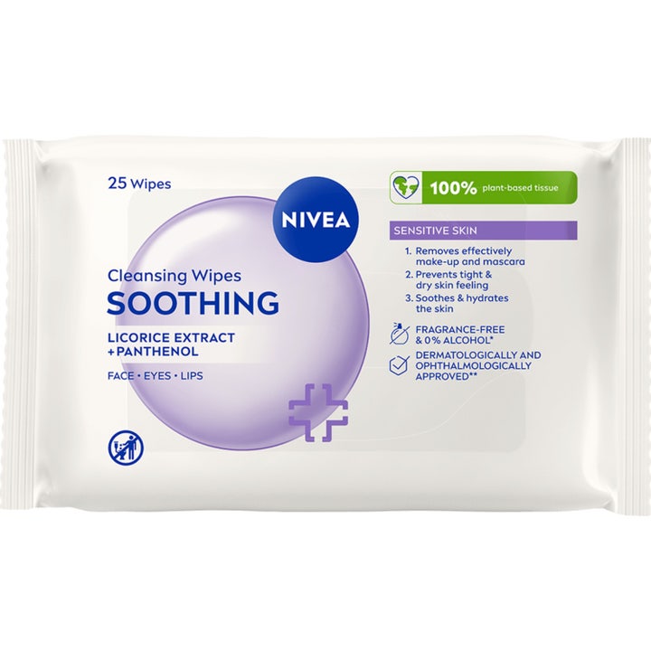 Nivea Soothing Cleansing Wipes 25 stk beroligende renseservietter med panthenol i hvit plastemballasje med lilla sirkel.