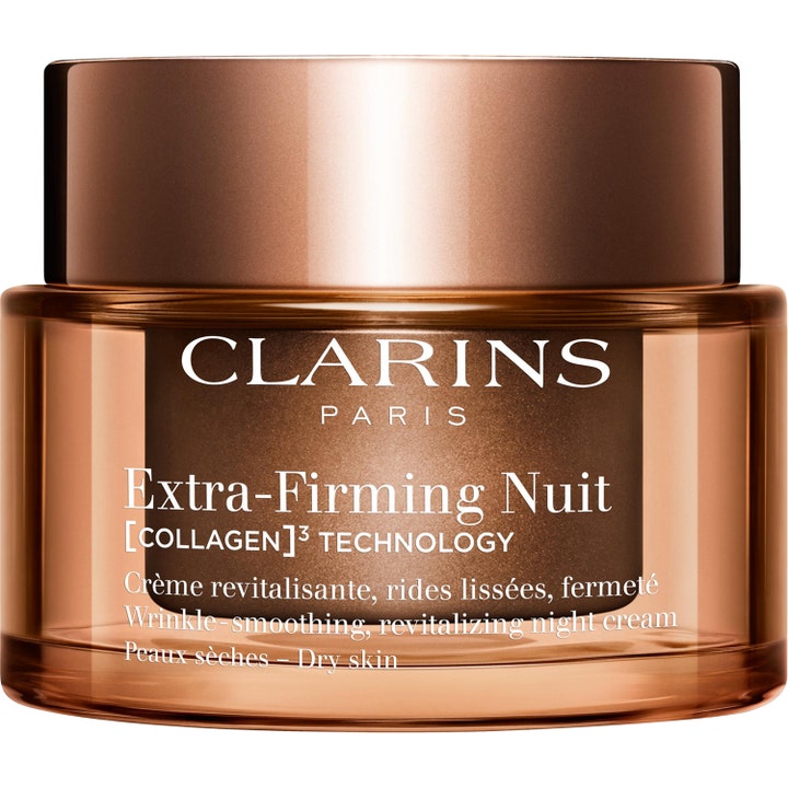 Clarins Extra-Firming Nuit nattkrem for tørr hud i en bronsefarget krukke gir effektiv hudpleie mot rynker.
