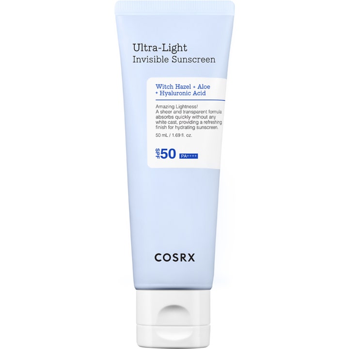 COSRX Ultra-Light Invisible Sunscreen 50 ml fuktighetsgivende solkrem i lyseblå tube med hvit kork