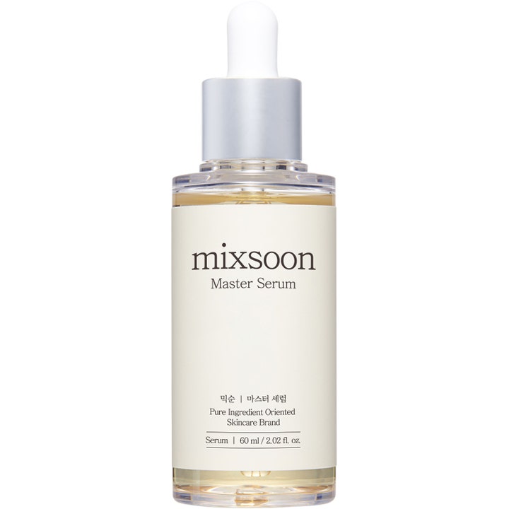 Mixsoon Master Serum 60 ml fuktighetsgivende ansiktsserum i gjennomsiktig glassflaske med sølvfarget pipette