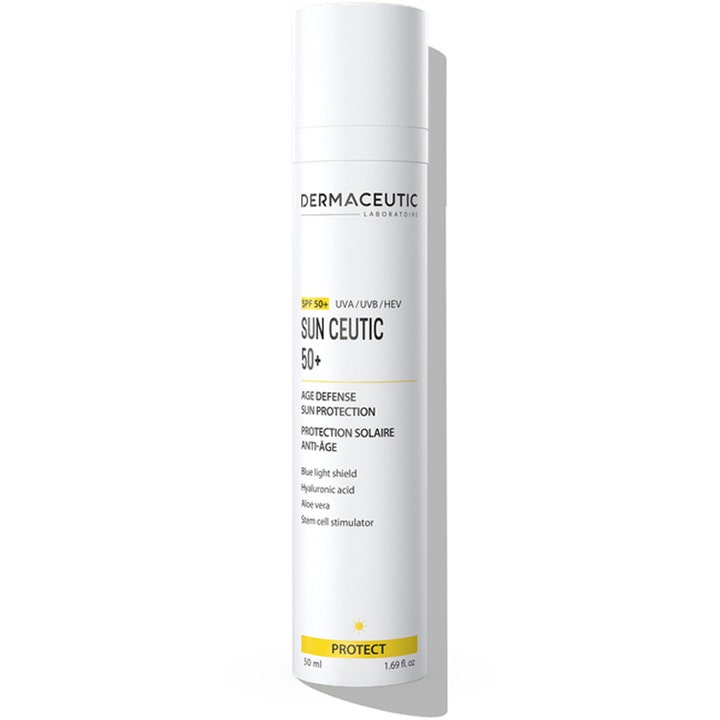 Dermaceutic Sun Ceutic 50+ 50 ml solkrem som beskytter mot aldringstegn i en hvit pumpeflaske med gule detaljer