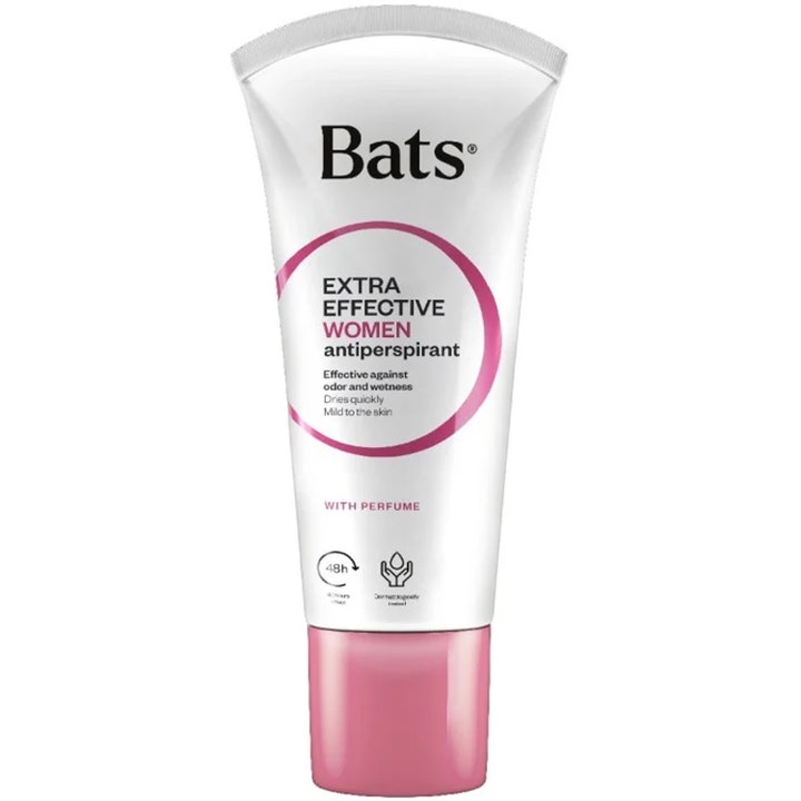 Bats Extra Effective Women antiperspirant i hvit tube med rosa kork som effektivt motvirker svette og lukt