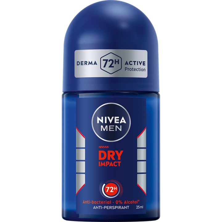 Nivea Men Dry Impact 25 ml antiperspirant i glassbeholder med blått lokk gir 72 timers beskyttelse.