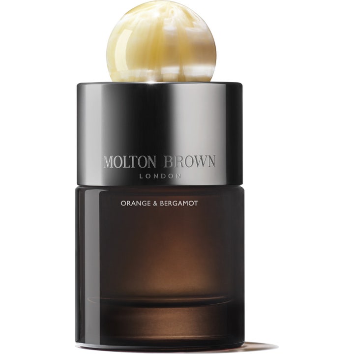 Molton Brown Orange & Bergamot Eau de Parfum 100 ml i mørk brun glassflaske med sølvfarget kork og marmorert kule