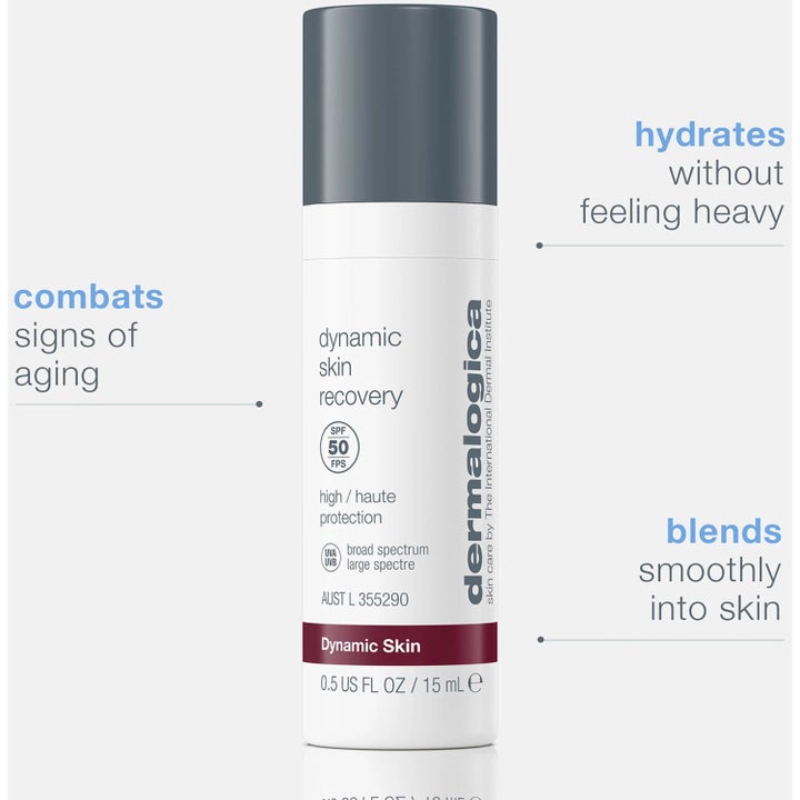 Dermalogica Dynamic Skin Recovery 15 ml fuktighetskrem med SPF 50 som bekjemper aldringstegn i hvit pumpeflaske.