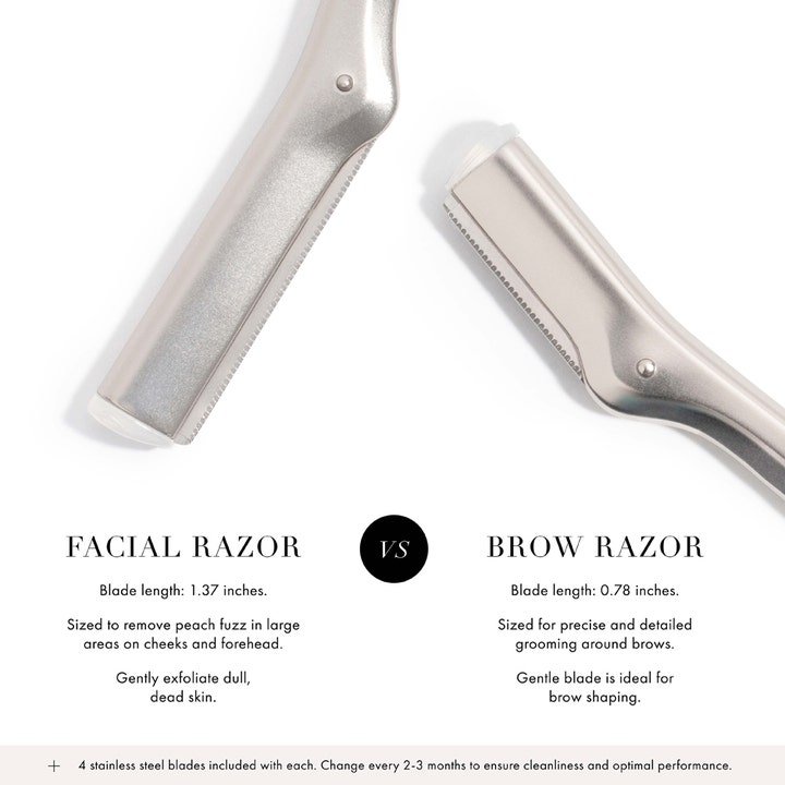 Tweezerman Facial Razor ansiktshøvel som eksfolierer og fjerner dunhår med rustfrie stålblader i sølv.