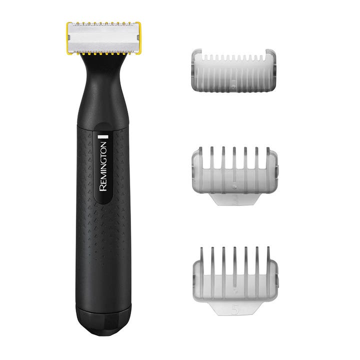Remington Omniblade HG1000 skjeggtrimmer i sort med tre grå avstandskammer for presis trimming.