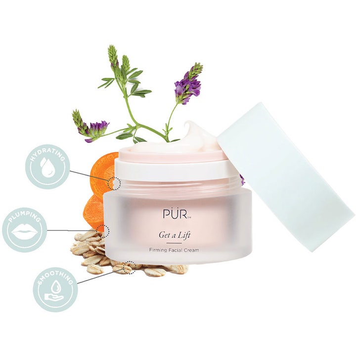 PÜR Get A Lift Cream 50 ml oppstrammende dagkrem i frostet krukke med rosa tekstur, havre og lilla blomster.