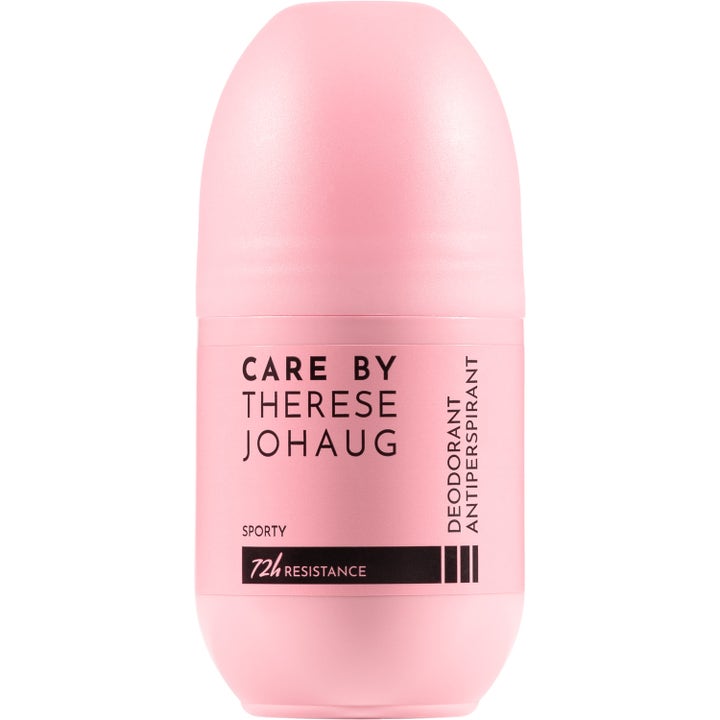 Care by Therese Johaug Sporty Deodorant Antiperspirant gir 72t beskyttelse i en matt rosa roll-on med sort tekst.