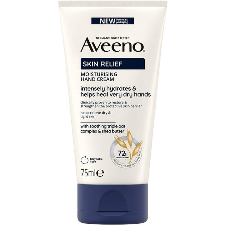 Aveeno Skin Relief Moisturising Hand Cream 75ml fuktighetsgivende håndkrem for tørre hender i hvit tube med blått lokk