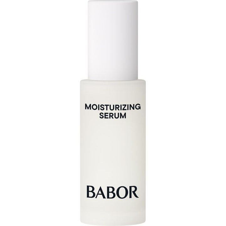 Babor Skinovage Moisturizing Serum fuktighetsgivende ansiktsserum i en stilren frostet glassflaske med hvit kork.