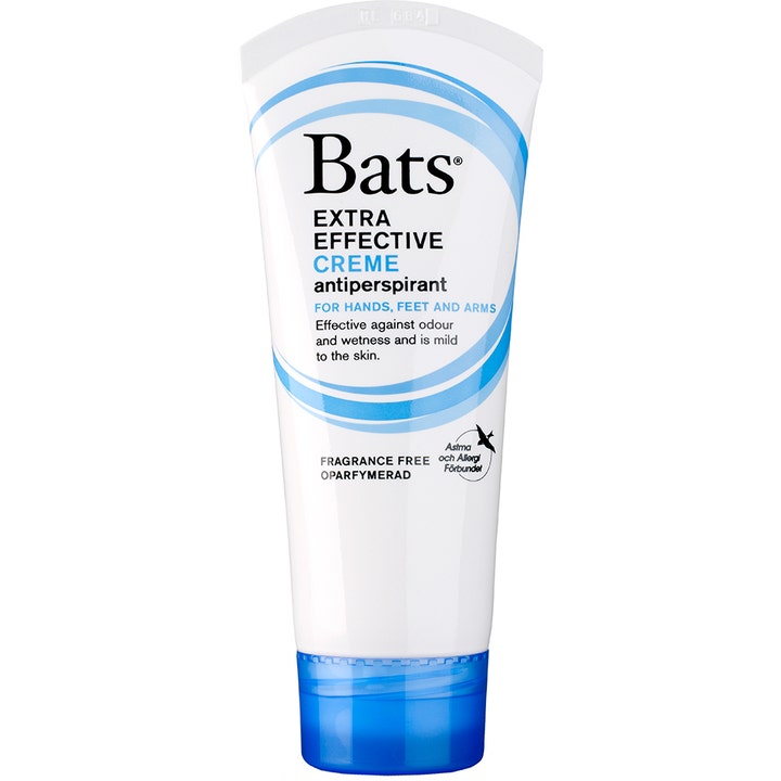 Bats Extra Effective Creme Antiperspirant uparfymert krem i hvit tube med blått skrulokk som gir effektiv beskyttelse