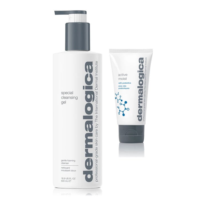 Dermalogica Active Moist og Special Cleansing Gel 500 ml gir balansert fukt og rens i hvit tube og hvit pumpeflaske