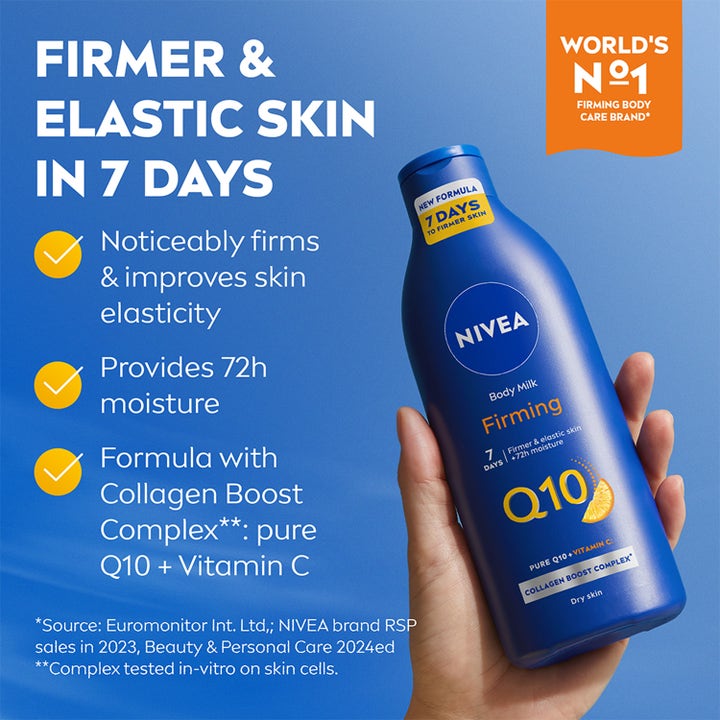 NIVEA Body Lotion Q10 Vitamin C Firming 250 ml gir fastere hud vist i blå flaske med tekst om 7 dagers resultat