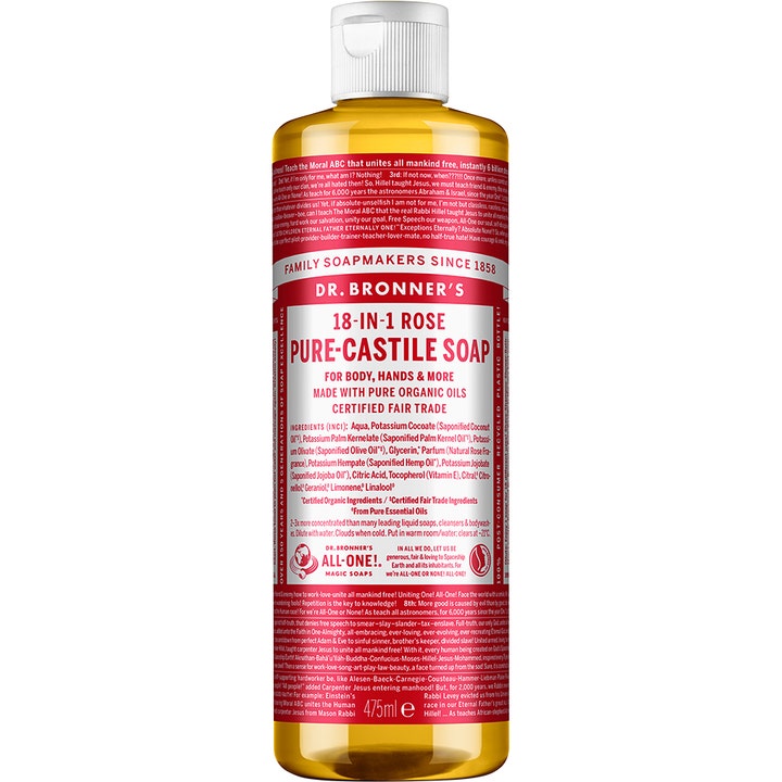 Dr. Bronner's 18-in-1 Rose Pure-Castile Soap 475ml allsidig flytende såpe i klar flaske med rosa etikett og hvit kork