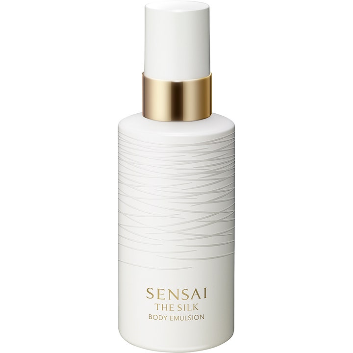Sensai The Silk Body Emulsion 200 ml fuktighetsgivende kroppslotion i hvit flaske med bølgemønster og gulldetalj.