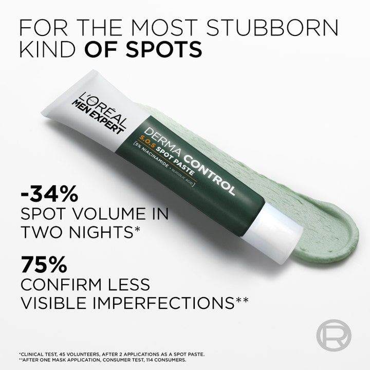 L'Oréal Paris Men Expert Derma Control S.O.S Spot Paste 45 ml mot kviser viser en tykk lysegrønn kremtekstur.