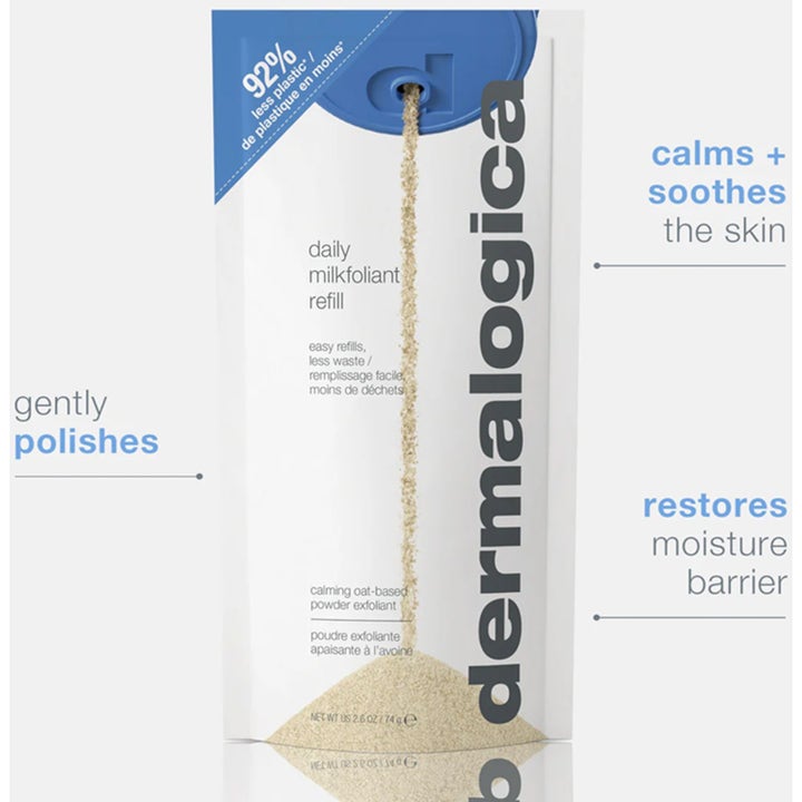 Dermalogica Daily Milkfoliant 74 g refill beroligende havreeksfoliering i hvit pose som polerer og roer ned huden.