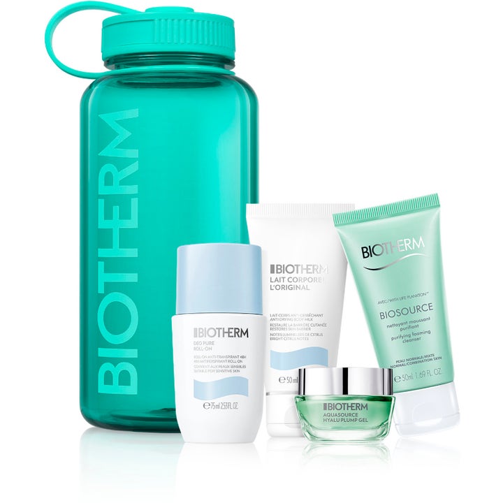 Biotherm gavesett med turkis vannflaske deo 75ml bodylotion 50ml rens 50ml og fuktighetsgel i grønn glasskrukke