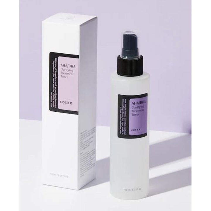 COSRX AHA/BHA Clarifying Treatment Toner 150 ml eksfoliering i frostet sprayflaske med lilla etikett og hvit eske