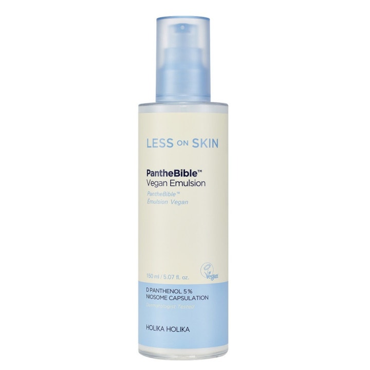 Holika Holika Less On Skin PantheBible Vegan Emulsion 150 ml beroligende ansiktsemulsjon i hvit og blå pumpeflaske