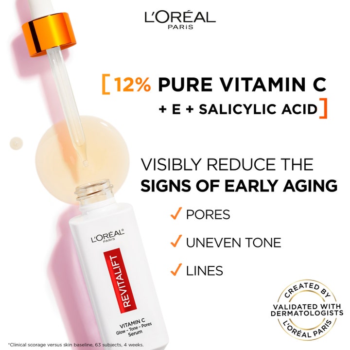 L'Oréal Paris Revitalift Clinical 12% Vitamin C Serum 30 ml med pipette i hvit glassflaske gir glød.