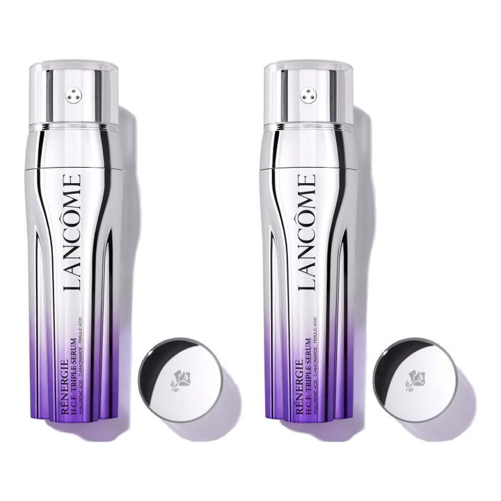 Lancôme Rénergie H.C.F. Triple Serum oppstrammende ansiktsserum i to elegante sølvflasker med lilla detaljer