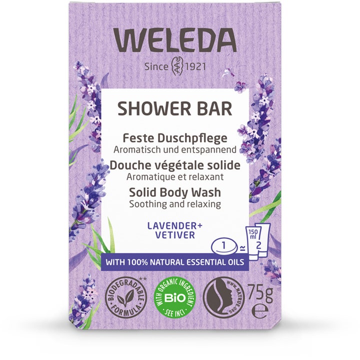 Weleda Shower Bar Lavender + Vetiver 75g beroligende fast såpe i lilla eske med lavendelmotiv