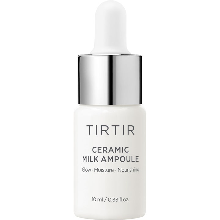 TIRTIR Ceramic Milk Ampoule 10 ml nærende ansiktsserum som gir fuktighet og glød i hvit flaske med sølvdetaljer