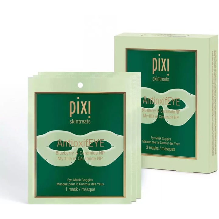 Pixi AntioxifEYE Eye Mask Goggles 3 stk øyemasker med blåbær og ceramider i lysegrønn eske og pose.