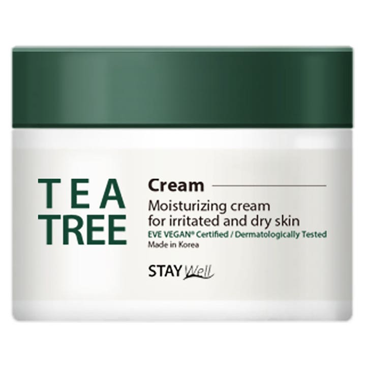 STAY Well Tea Tree Cream fuktighetsgivende ansiktskrem som gir fukt til tørr hud i hvit krukke med grønt lokk.
