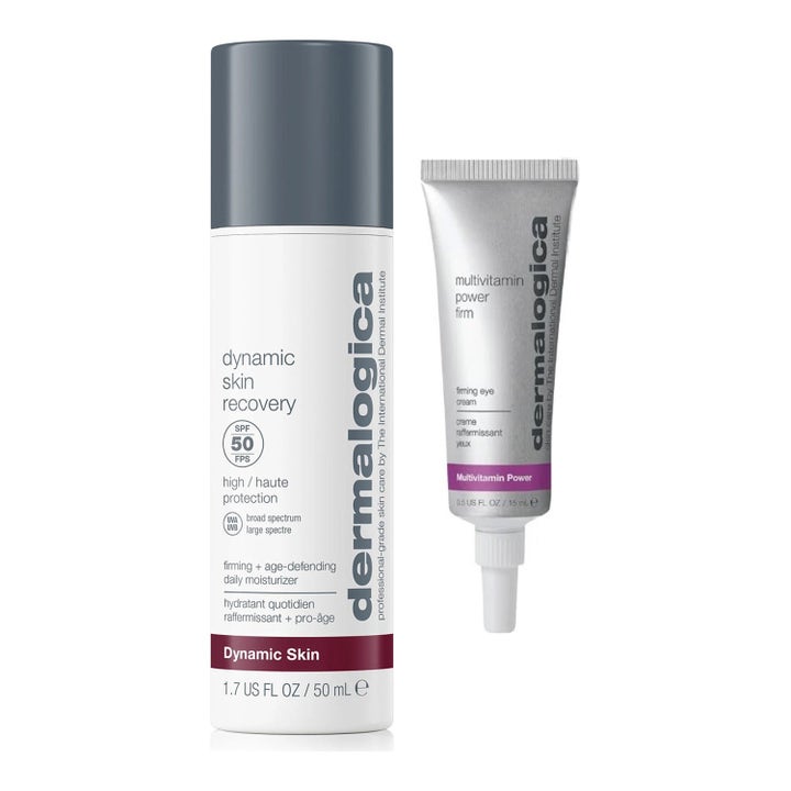 Dermalogica AGE smart Dynamic Skin Recovery 50 ml og Multivitamin Power Firm 15 ml gir pleie i hvit flaske og sølvtube.