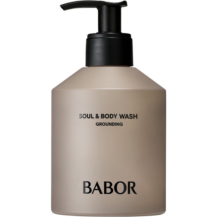 Babor Soul & Body Wash Grounding 200 ml beroligende kroppssåpe i en beige matt flaske med svart pumpe.