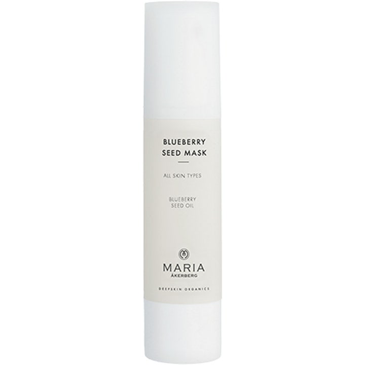 Maria Åkerberg Blueberry Seed Mask beroligende ansiktsmaske i hvit sylindrisk flaske med frostet kork.