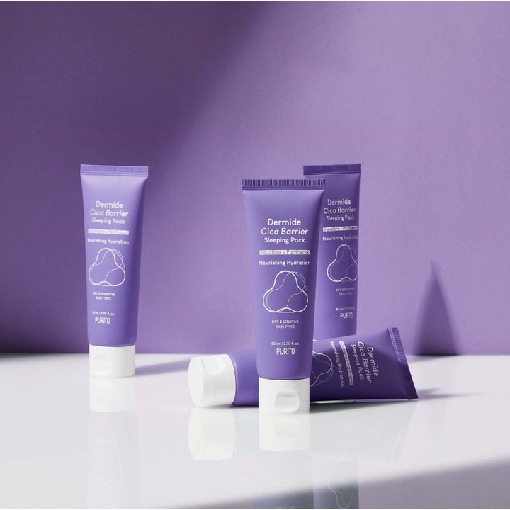 Purito Dermide Cica Barrier Sleeping Pack 80 ml nattmask i lilla tuber med hvit kork på lilla bakgrunn