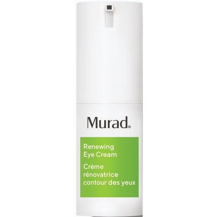 Murad Renewing Eye Cream oppstrammende øyekrem i hvit sylindrisk pumpeflaske med grønn etikett som gir glød
