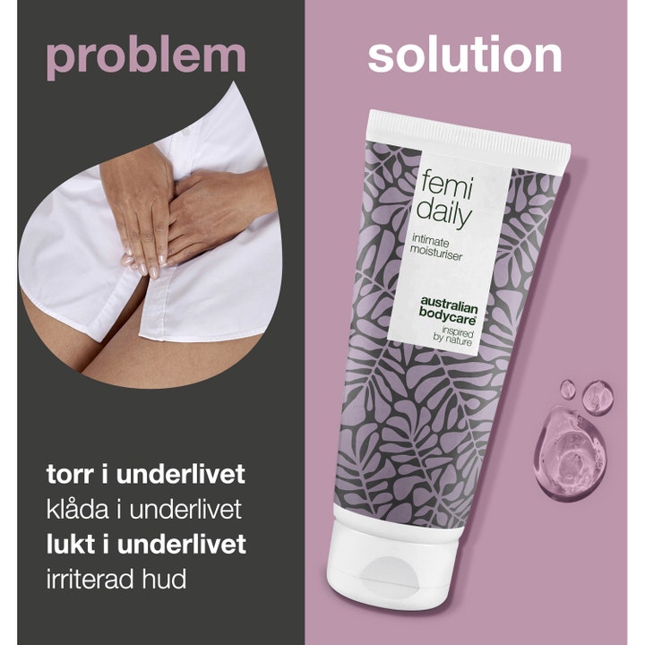 Australian Bodycare Femi Daily 200 ml mot kløe i underlivet vist som en løsning med hvit tube og klar geltekstur.