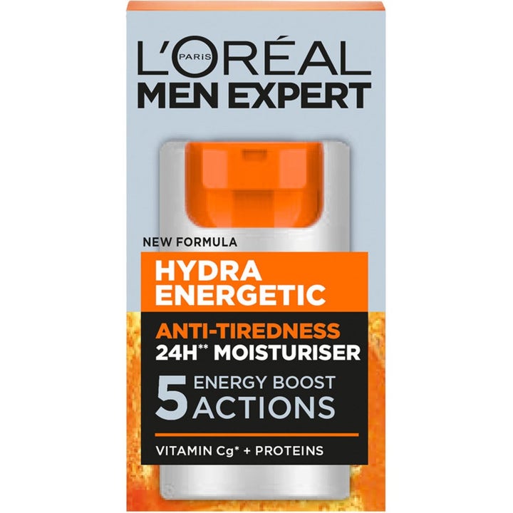 L'Oréal Paris Men Expert Hydra Energetic fuktighetskrem mot tretthetstegn i oransje og sølvfarget flaske.