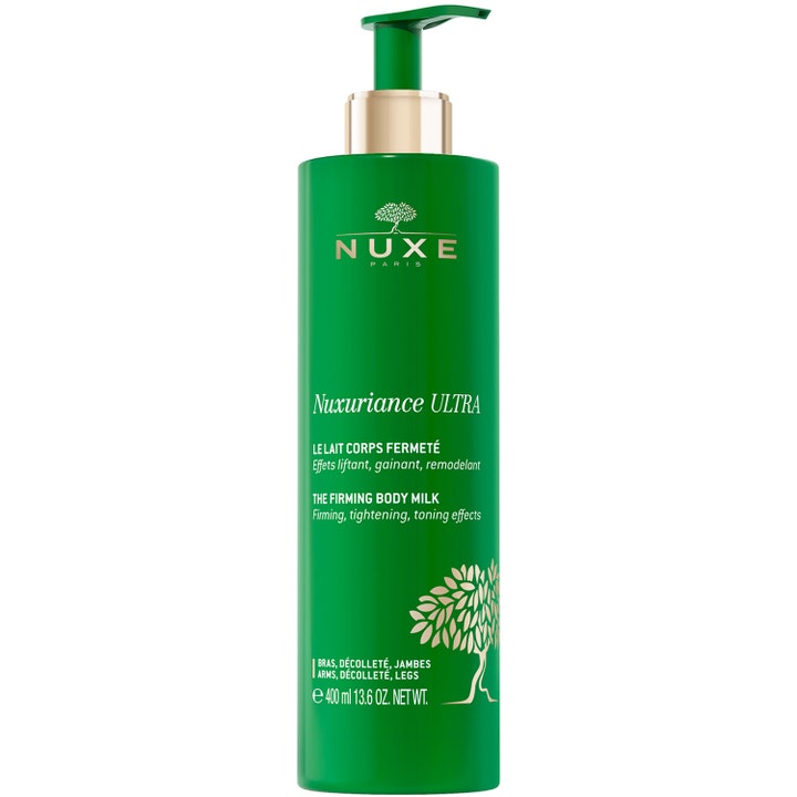 Nuxe Nuxuriance Ultra 400 ml oppstrammende kroppsmelk i grønn pumpeflaske med gullfargede detaljer.