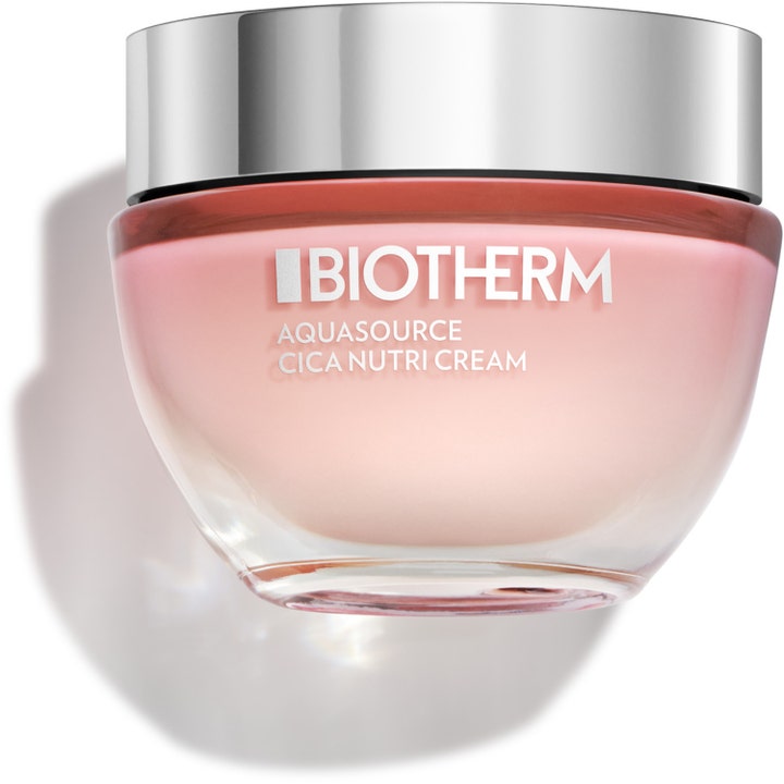 Biotherm Aquasource Cica Nutri Cream 50ml fuktighetsgivende ansiktskrem i rosa glasskrukke med sølvlokk