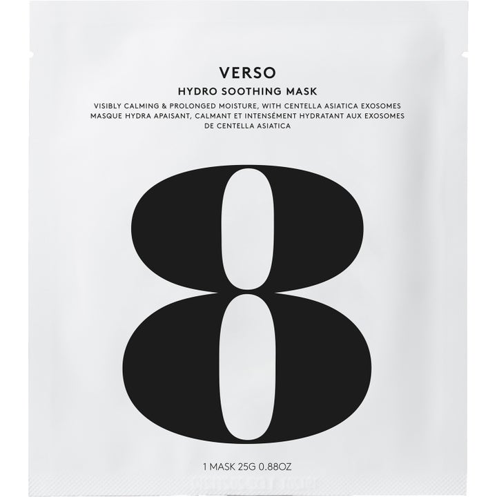 Verso Hydro Soothing Mask 25g beroligende ansiktsmaske i hvit sachet med et stort svart 8-tall